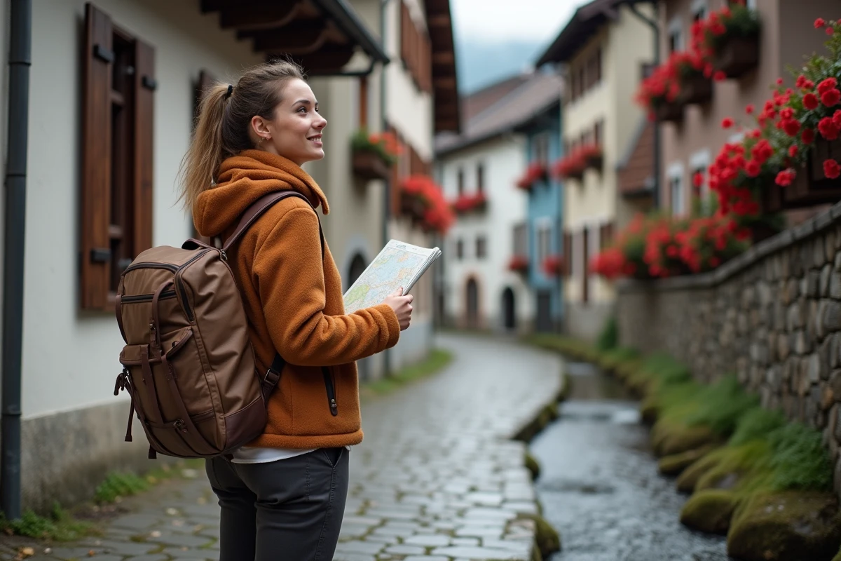 Voyageuse explorant une ruelle pavée de Hallstatt avec ses maisons alpines autrichiennes et leurs balcons fleuris de géraniums rouges