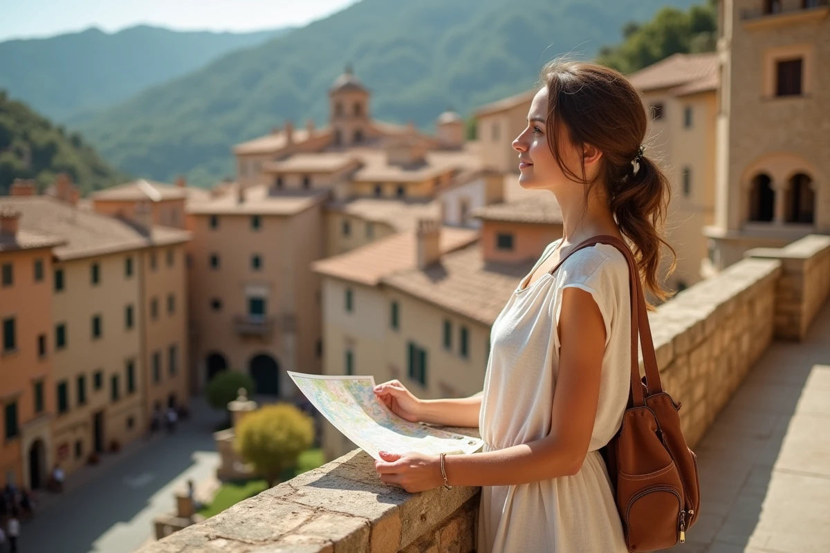 Voyageuse consultant une carte dans un village perché de Sicile avec vue panoramique sur la vallée
