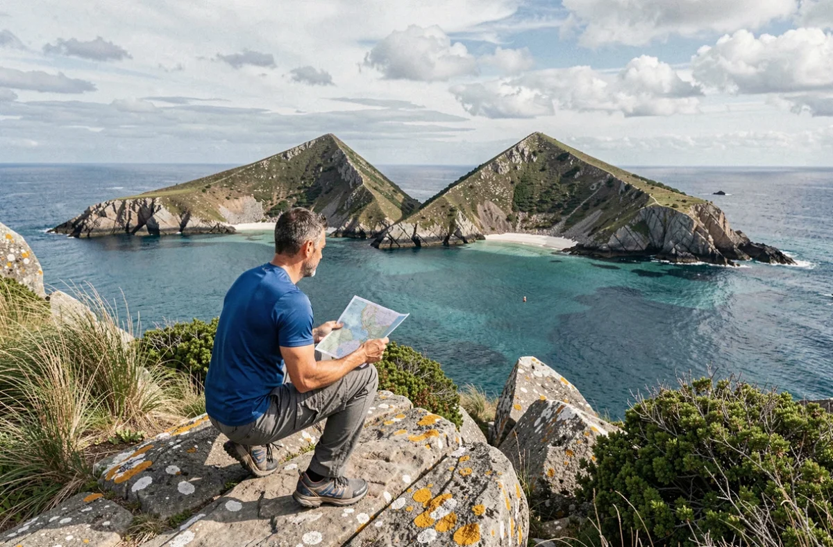 Randonneur contemplant la Plage des 3 Pointes depuis un promontoire rocheux avec vue panoramique sur la baie turquoise