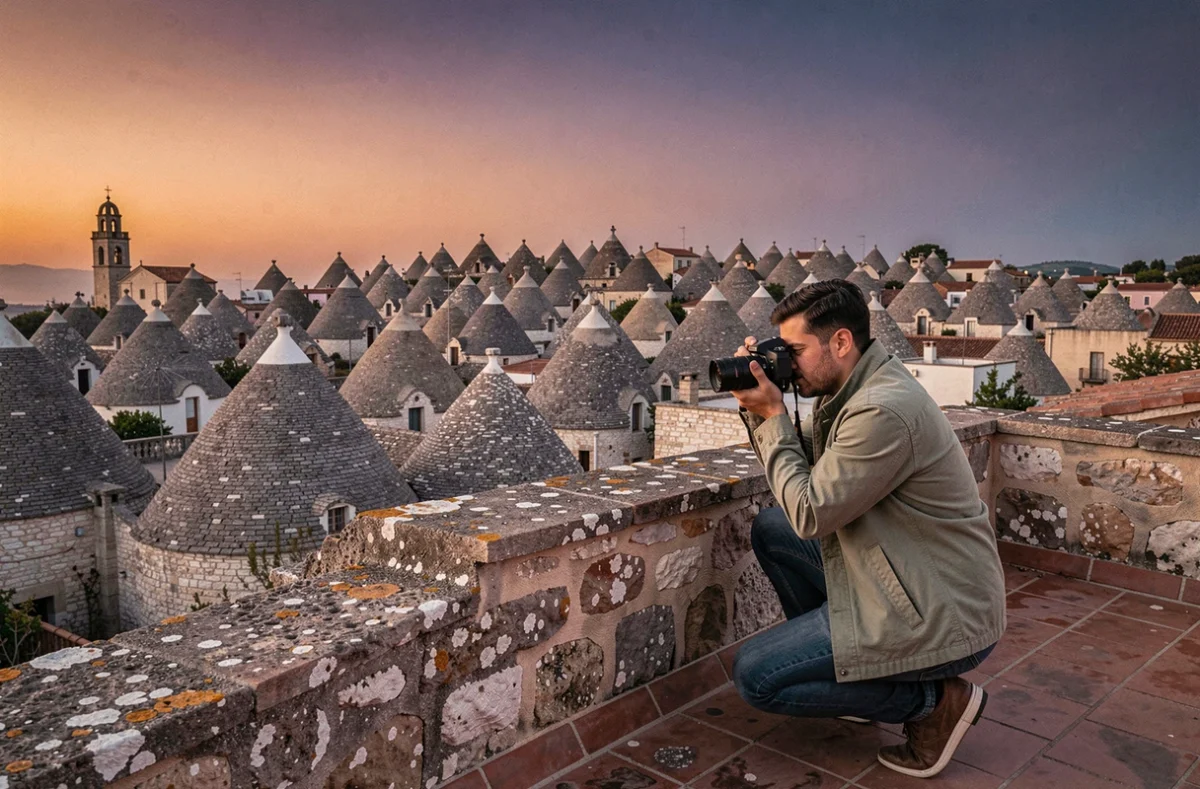 Vue panoramique sur les toits en cône des trulli d'Alberobello au crépuscule avec un photographe en terrasse