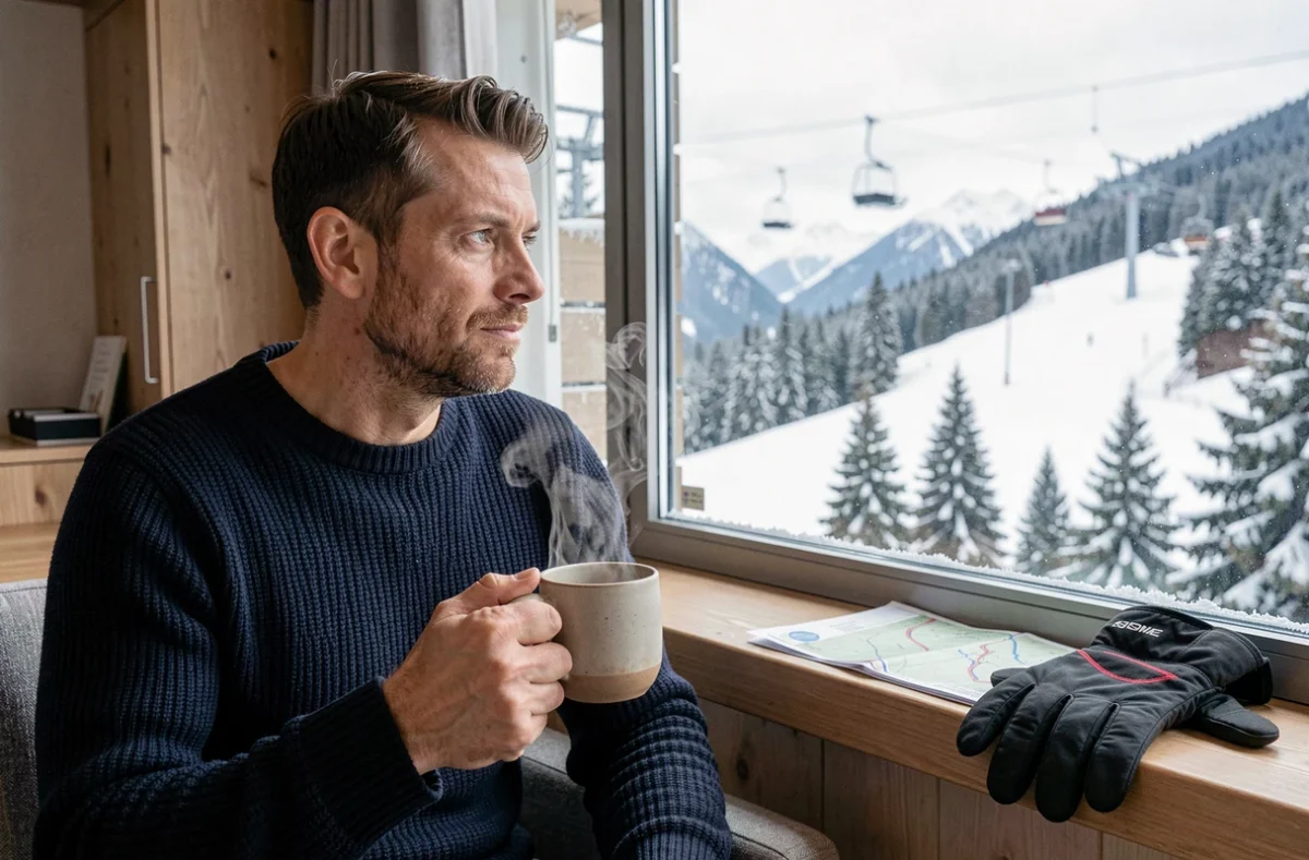 Homme sirotant un café avec vue sur les pistes de ski aux Menuires depuis l'appartement de location pendant les vacances de février