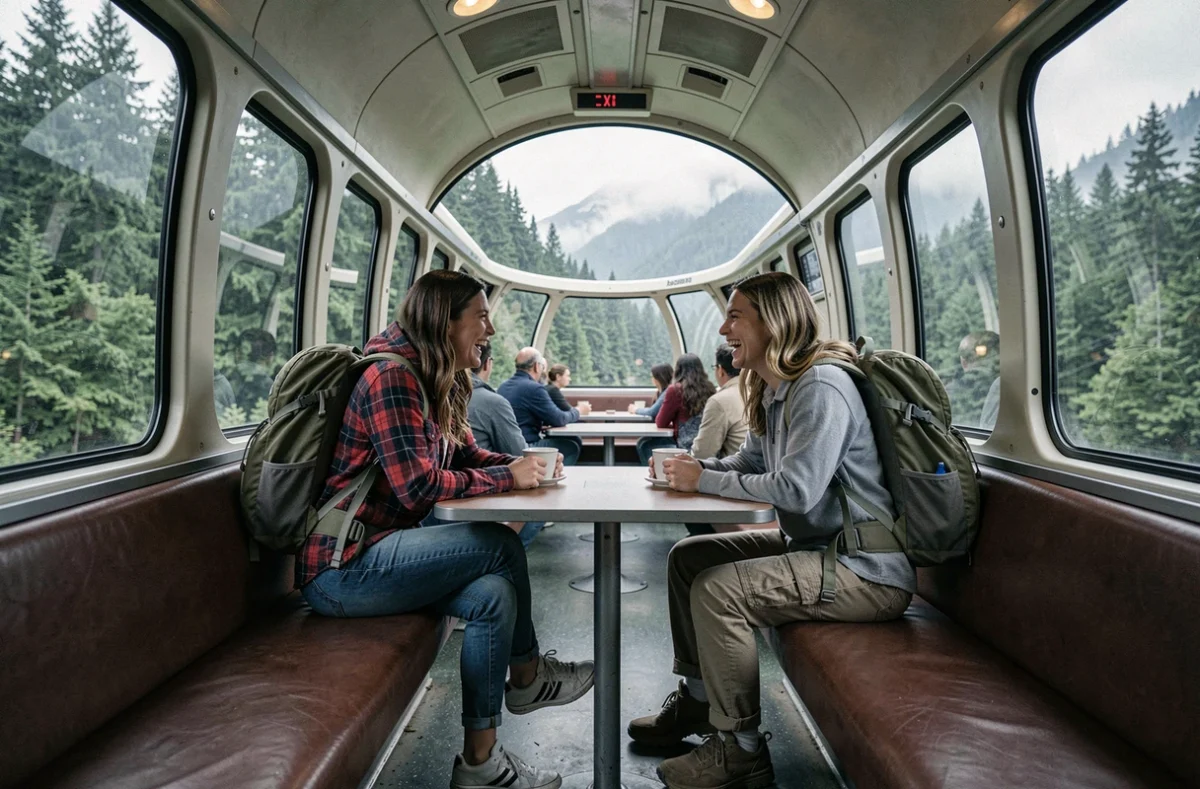 Deux amies voyageant en wagon panoramique Amtrak à travers la forêt du Nord-Ouest américain